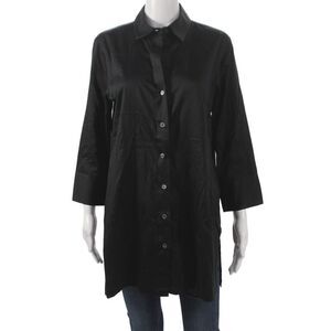 Paper White Women Tunic Button-Up Black Collared 3/4 Sleeve Cotton Size 10